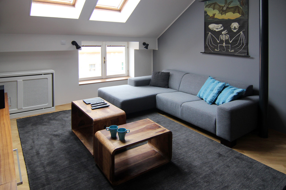 Esempio di un piccolo soggiorno minimalista chiuso con pareti grigie, parquet chiaro e nessun camino