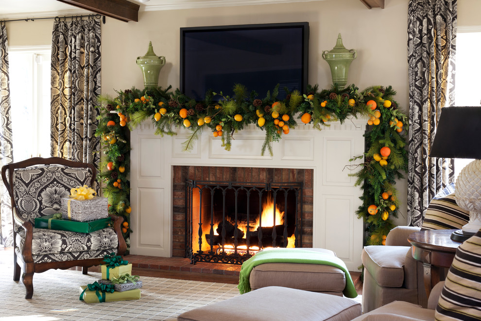 Example of a classic living room design in Little Rock with beige walls and a standard fireplace