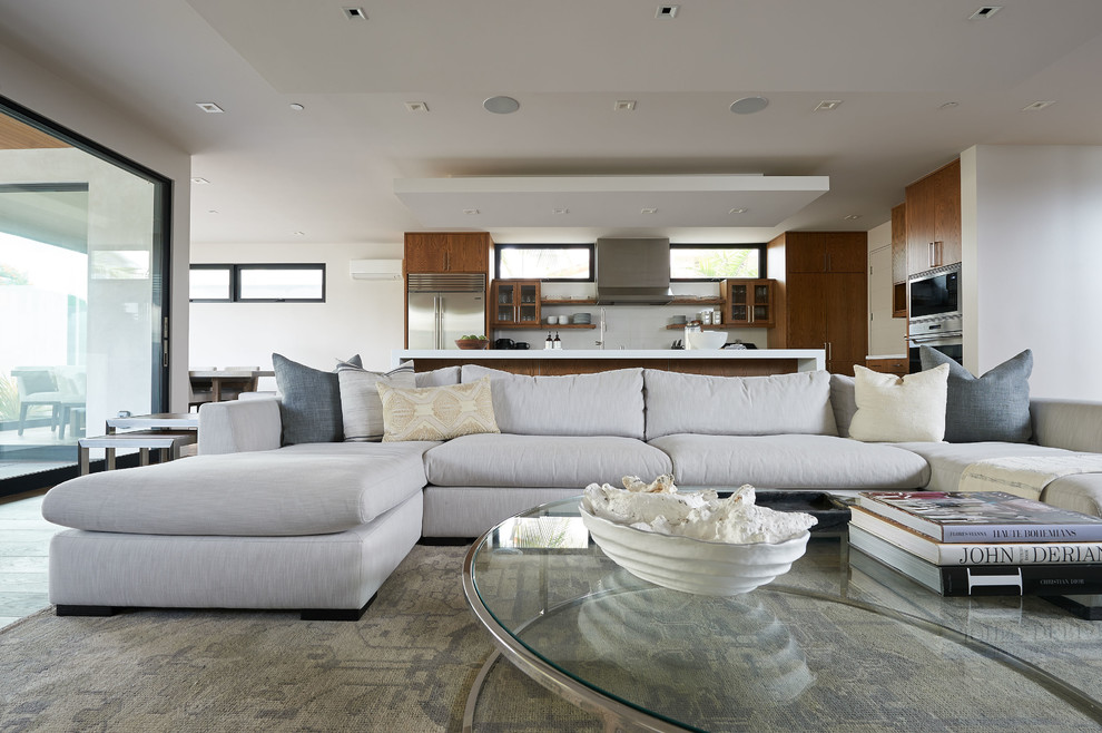 Esempio di un grande soggiorno minimal con pareti bianche, pavimento in legno massello medio e pavimento marrone