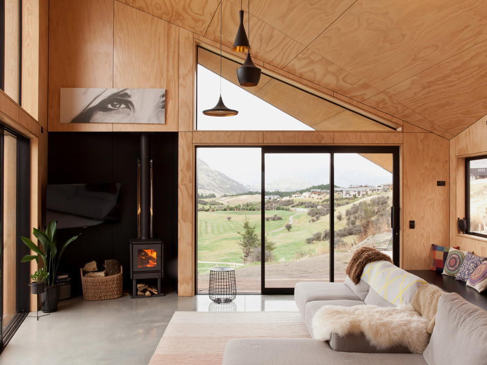 Ispirazione per un piccolo soggiorno scandinavo aperto con pavimento in cemento e stufa a legna