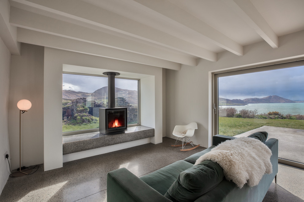 This is an example of a contemporary living room in Other with concrete flooring and a wood burning stove.
