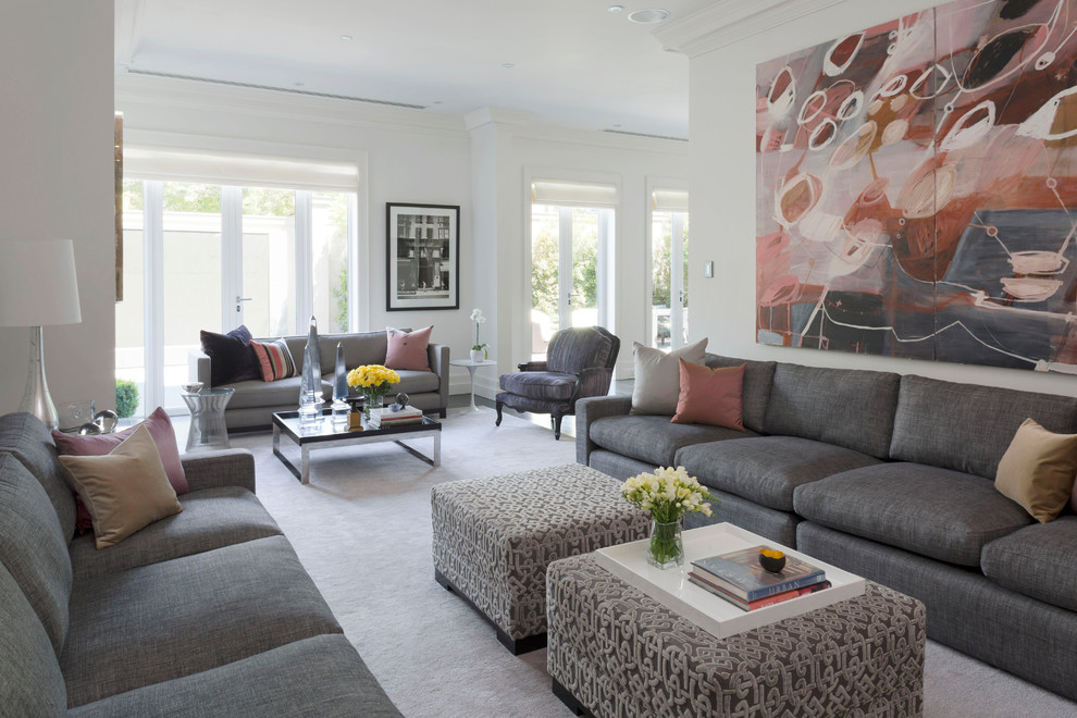 Inspiration for a mid-sized contemporary open concept dark wood floor living room remodel in Melbourne with white walls, a standard fireplace and a plaster fireplace