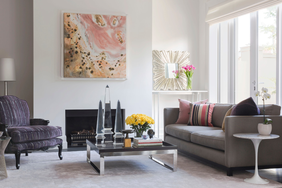 Mid-sized trendy open concept dark wood floor living room photo in Melbourne with white walls and a standard fireplace