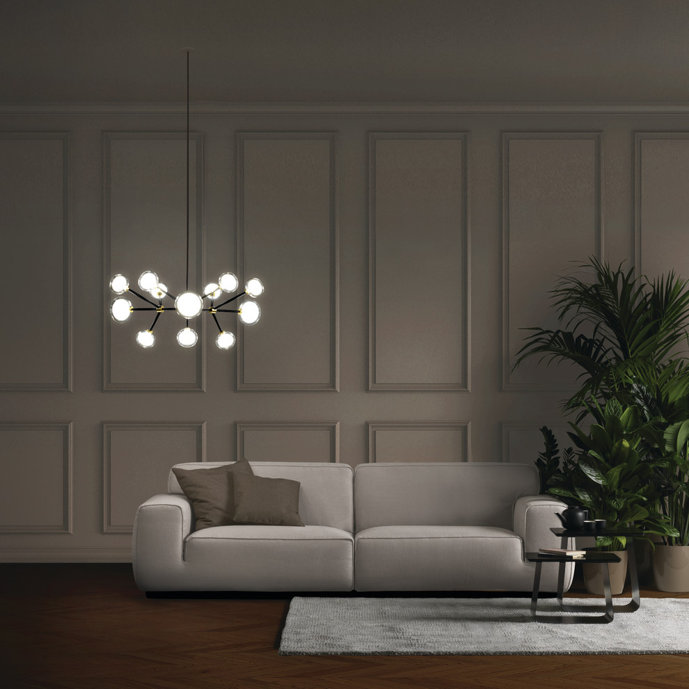 Идея дизайна: парадная, открытая гостиная комната среднего размера в современном стиле с серыми стенами, темным паркетным полом и коричневым полом без камина, телевизора