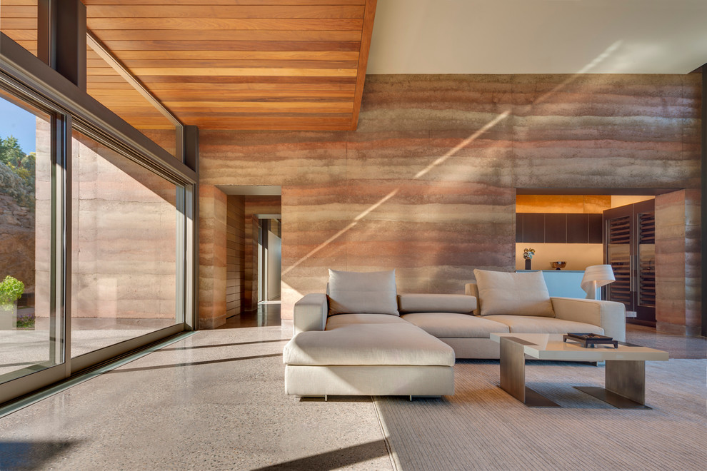 Idée de décoration pour un salon design avec sol en béton ciré.