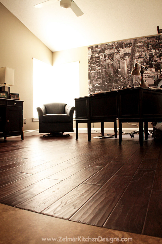 Photo of a large classic open plan living room in Orlando with dark hardwood flooring.