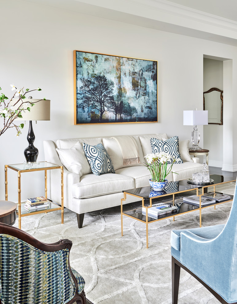 Inspiration for a mid-sized transitional enclosed dark wood floor living room remodel in Toronto with white walls