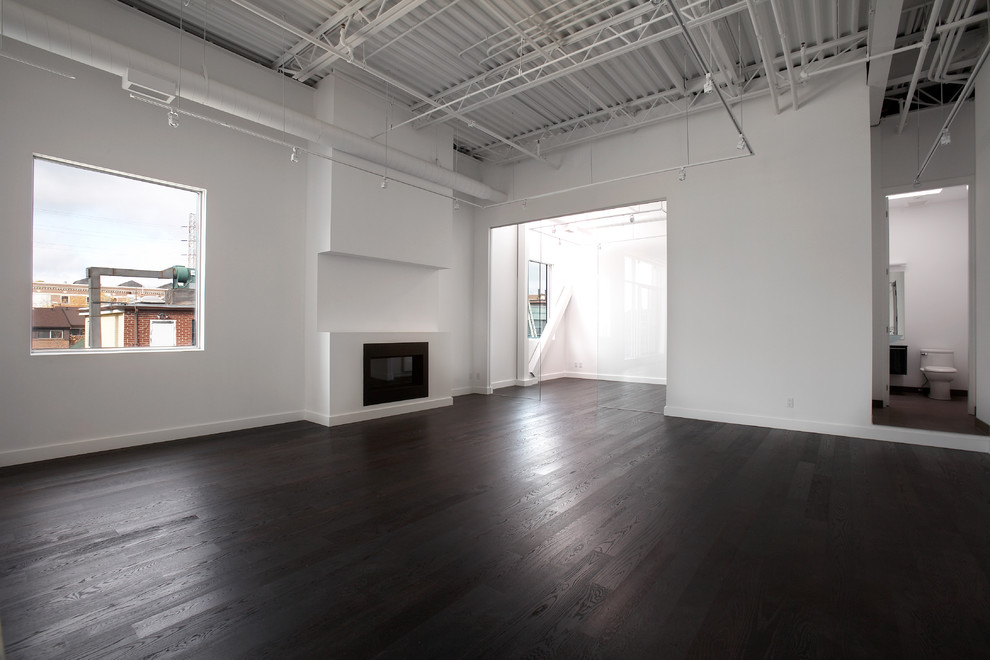 This is an example of an expansive contemporary mezzanine living room in Toronto with white walls, dark hardwood flooring, a standard fireplace, no tv and black floors.