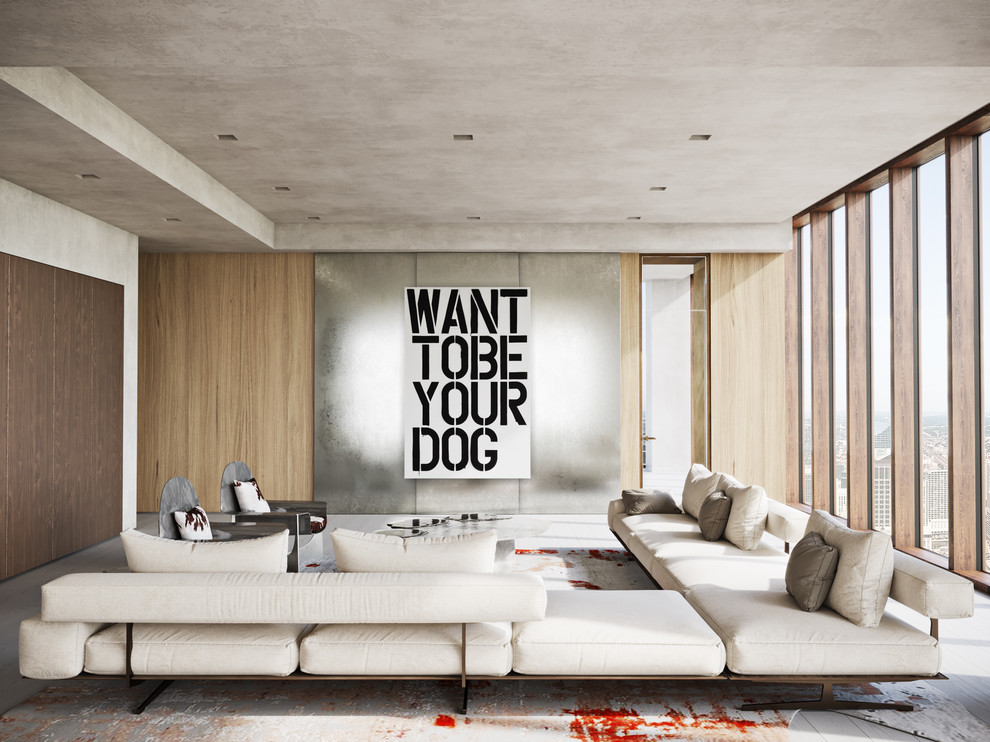 Idee per un grande soggiorno contemporaneo stile loft con pareti grigie, parquet chiaro e pavimento grigio