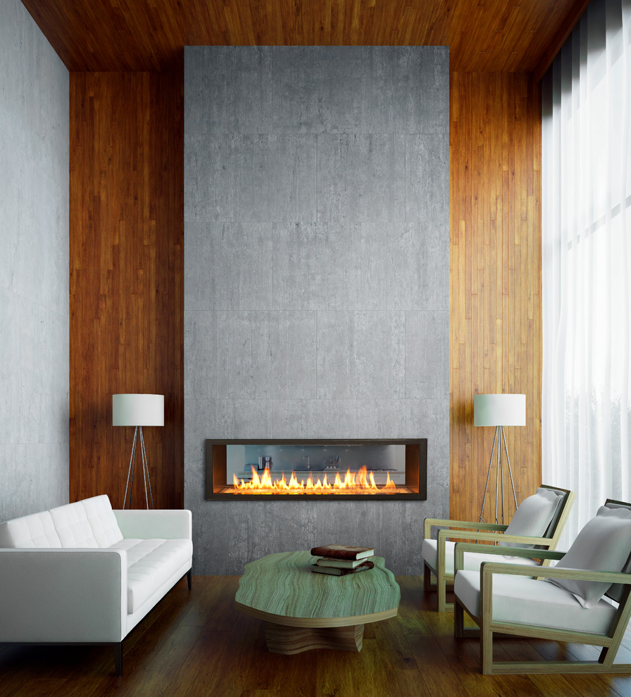 Inspiration for a small contemporary living room remodel in Sacramento with a two-sided fireplace and no tv