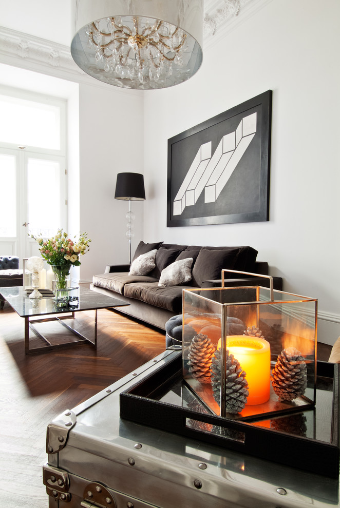 Trendy living room photo in New York with white walls