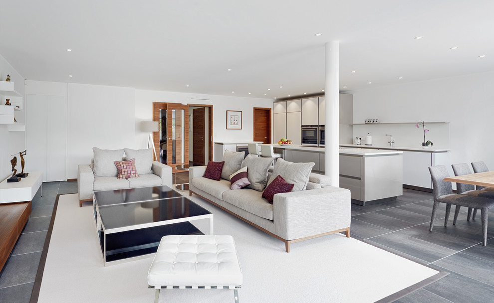 Contemporary open plan living room in London with white walls and grey floors.