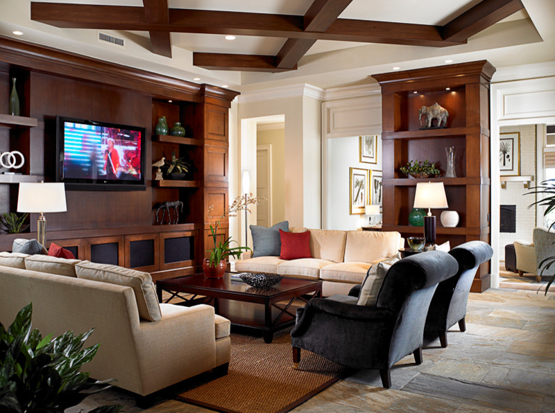 Inspiration for a mid-sized transitional open concept slate floor living room remodel in Tampa with beige walls, no fireplace and a wall-mounted tv