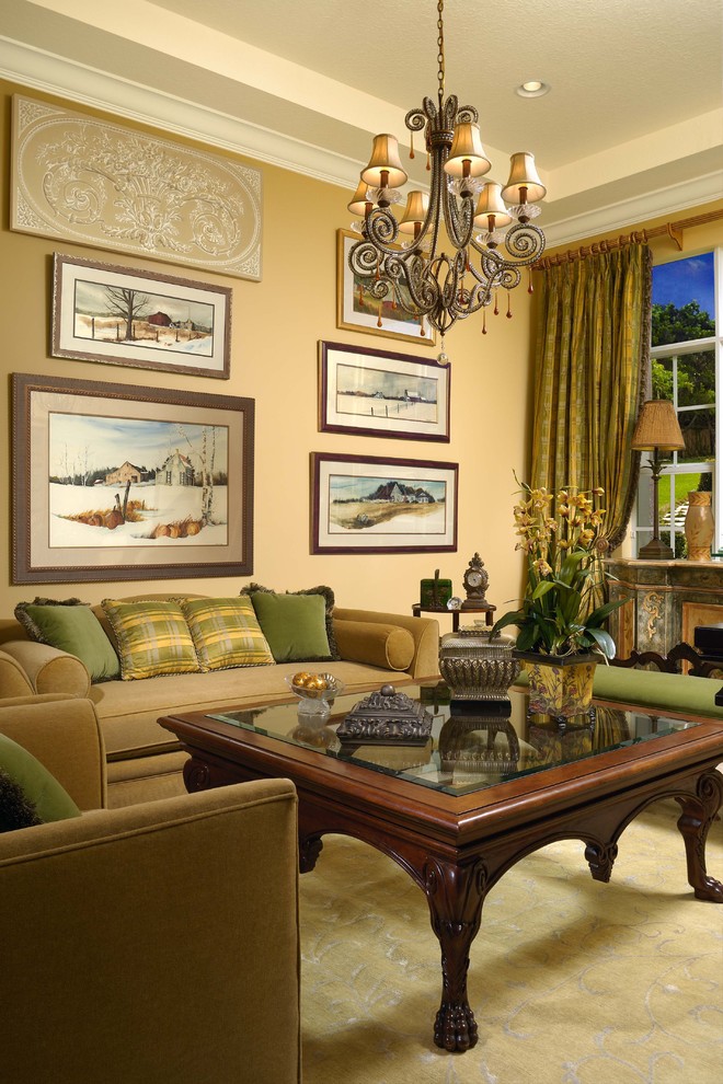 Modelo de salón para visitas abierto clásico de tamaño medio sin chimenea y televisor con paredes beige
