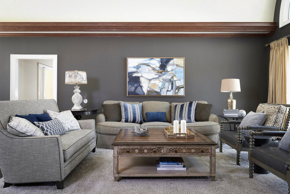 高級な広いトラディショナルスタイルのおしゃれなLDK (グレーの壁、カーペット敷き、薪ストーブ、レンガの暖炉まわり、白い床) の写真