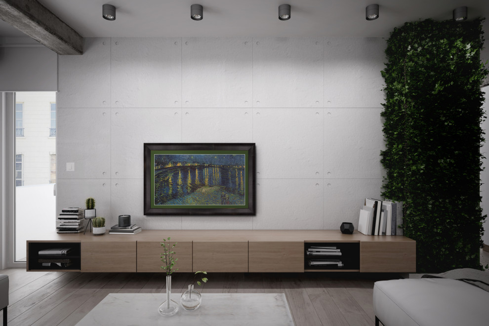 Идея дизайна: парадная, открытая гостиная комната среднего размера в современном стиле с серыми стенами, светлым паркетным полом, скрытым телевизором и коричневым полом