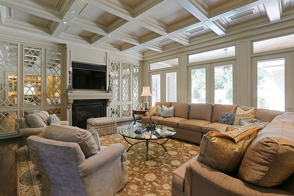 Inspiration for a large timeless formal and open concept dark wood floor living room remodel in Houston with beige walls, a standard fireplace, a tile fireplace and a media wall