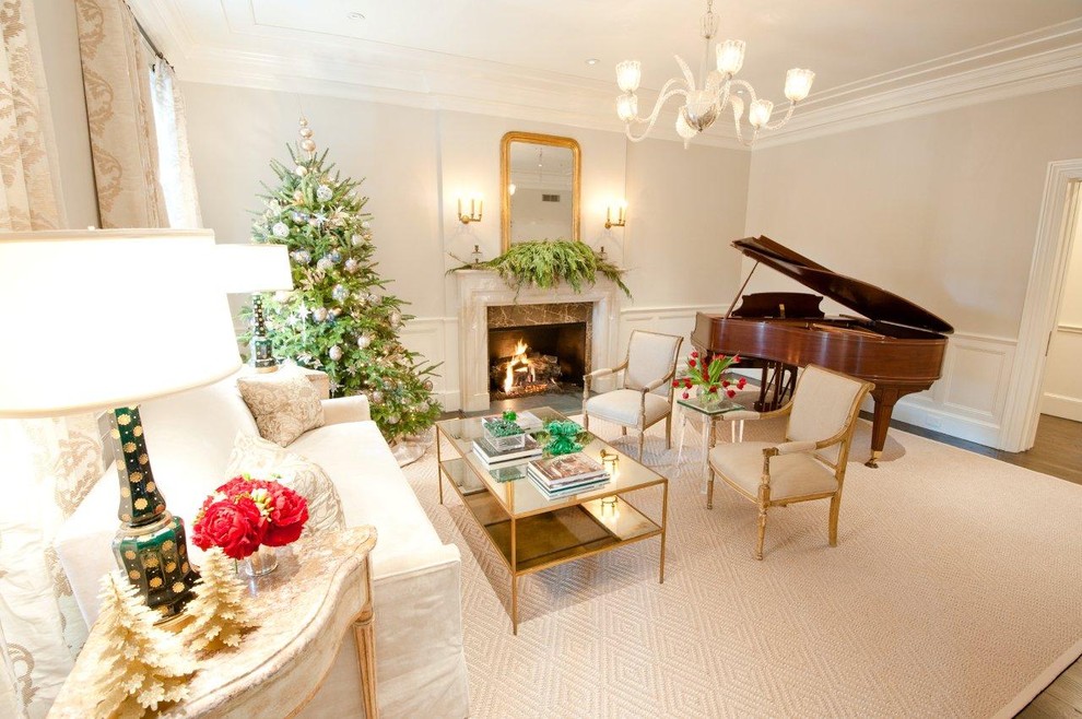 Elegant living room photo in Houston with a music area and a standard fireplace