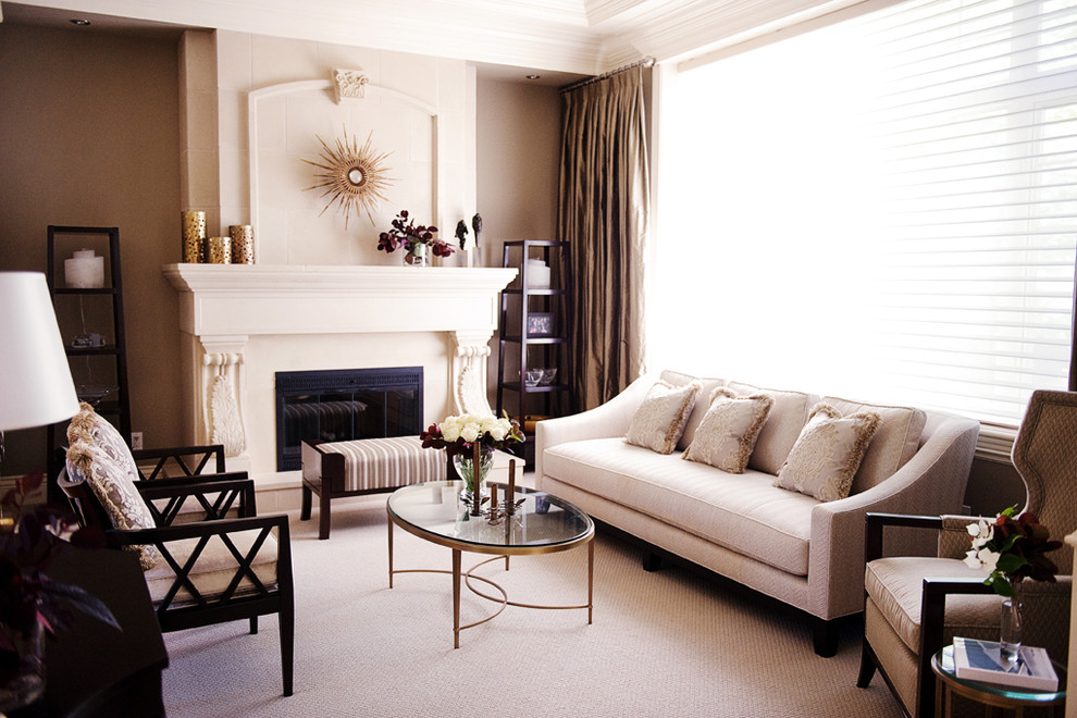 Classic living room curtain in Vancouver with a standard fireplace.