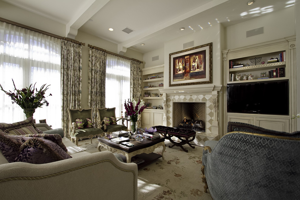 This is an example of a classic living room curtain in Other with a tiled fireplace surround.