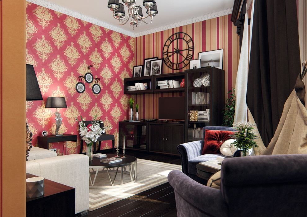 На фото: парадная, изолированная гостиная комната среднего размера в классическом стиле с красными стенами, темным паркетным полом и отдельно стоящим телевизором без камина