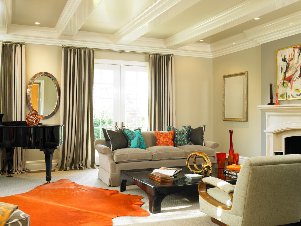 Foto de salón con rincón musical clásico con paredes beige, moqueta, todas las chimeneas y cortinas