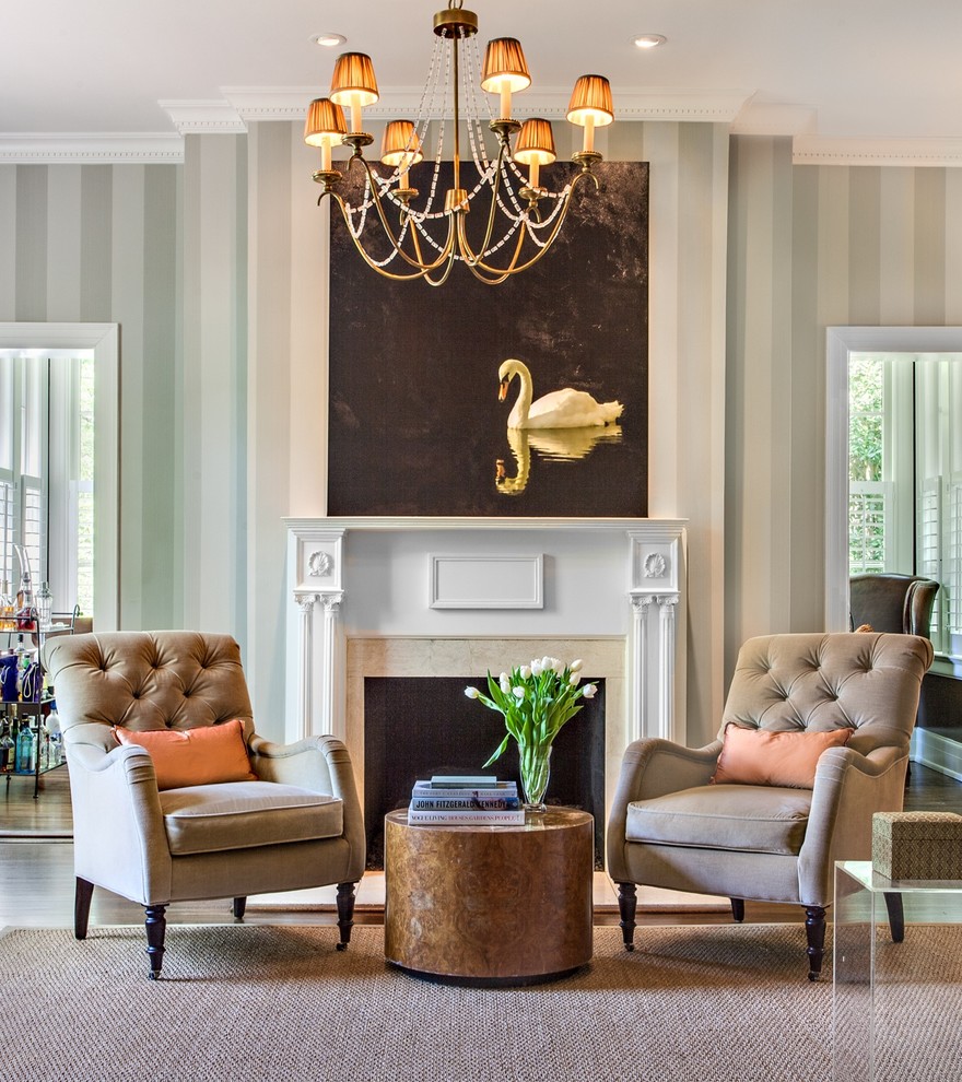 Inspiration for a timeless living room remodel in Nashville with green walls