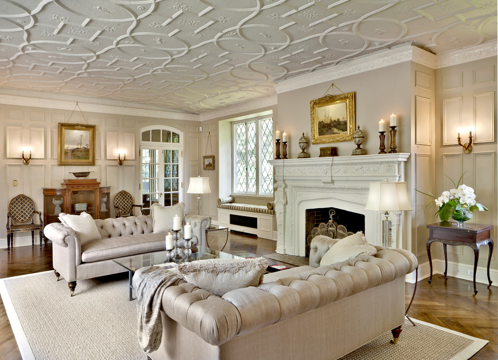 Example of a huge classic living room design in New York with beige walls