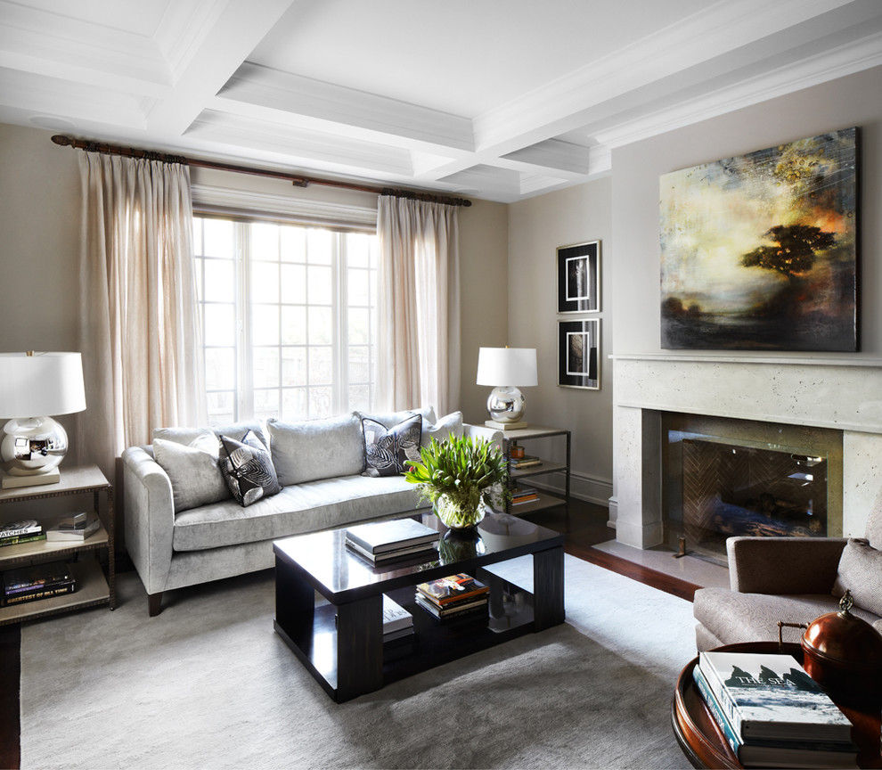 Пример оригинального дизайна: гостиная комната в классическом стиле с серыми стенами, стандартным камином и красивыми шторами без телевизора