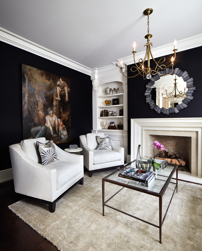 Living room - traditional enclosed living room idea in Dallas with black walls and a standard fireplace