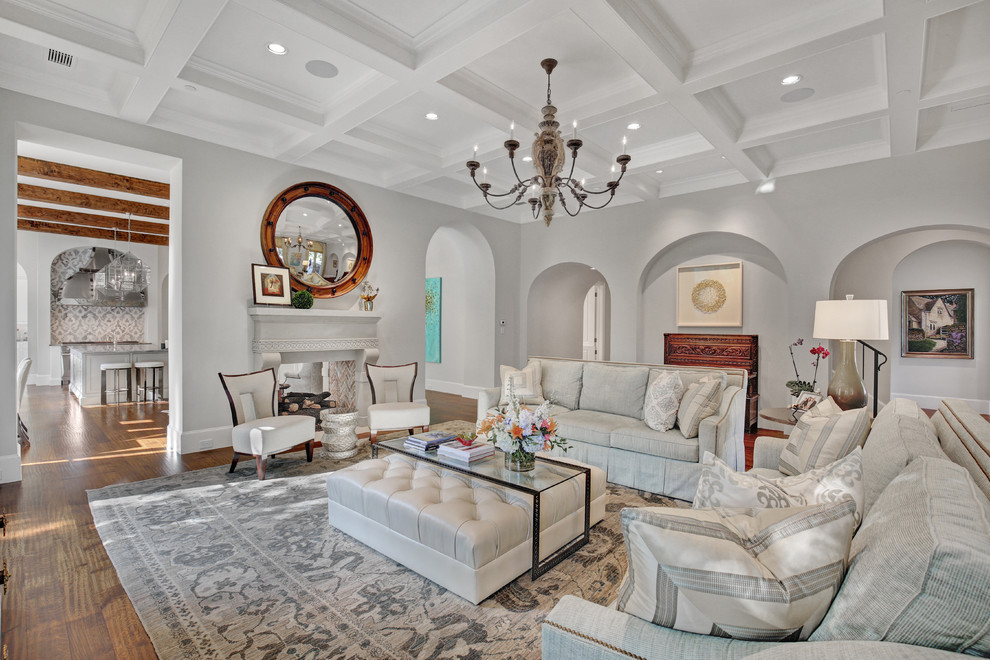 Traditional formal living room in Dallas with grey walls, dark hardwood flooring and brown floors.