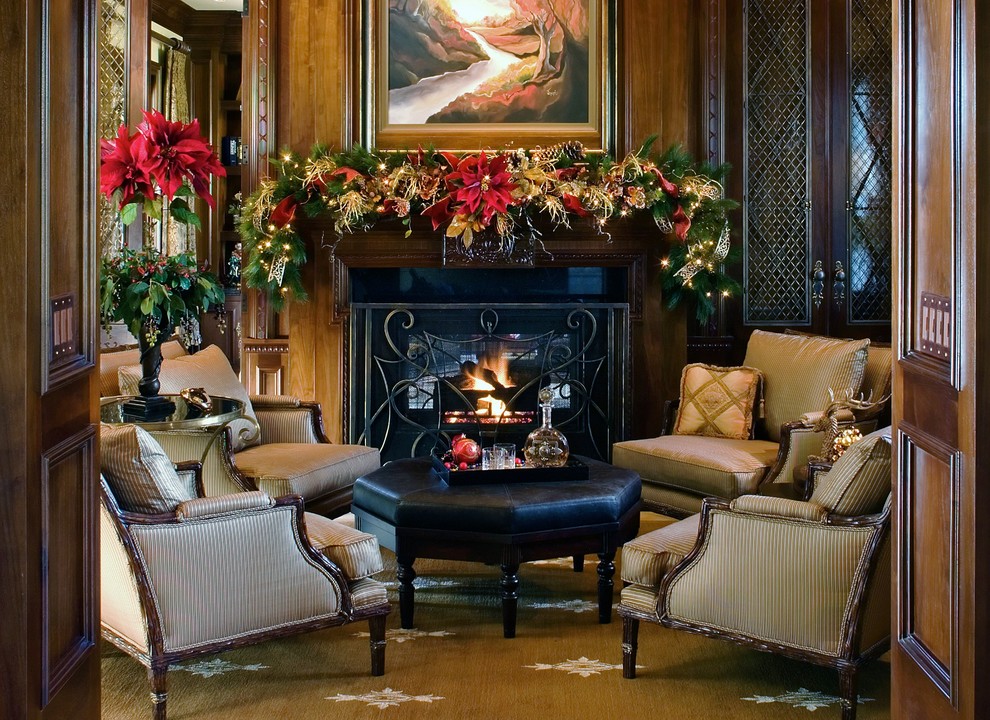 Example of a mid-sized classic formal and enclosed living room design in San Diego with brown walls, no tv and a standard fireplace