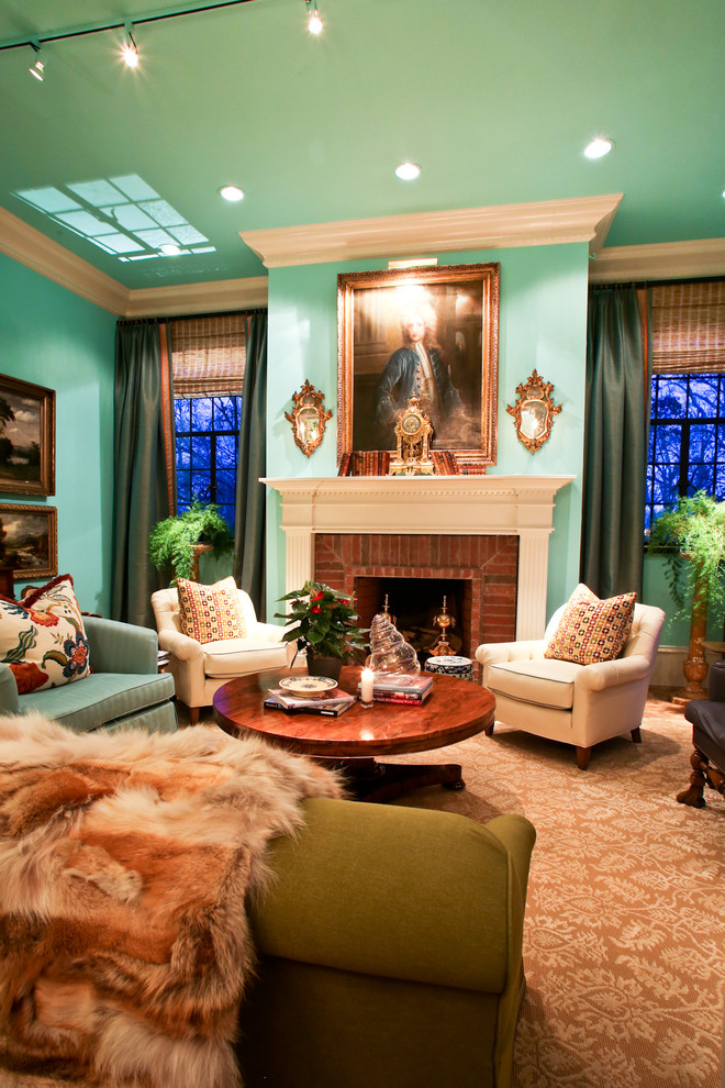 Elegant formal carpeted living room photo in Dallas with green walls, a standard fireplace and a brick fireplace