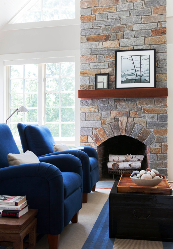 Mid-sized elegant formal and open concept carpeted living room photo in Boston with a standard fireplace, a stone fireplace, white walls and no tv