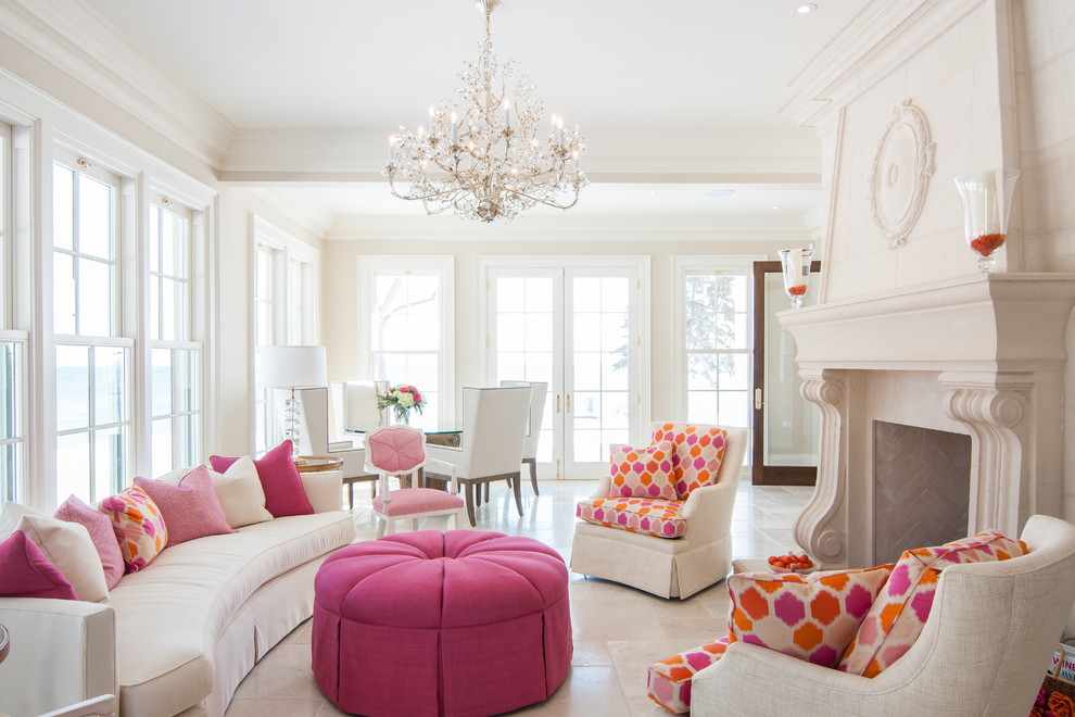 Inspiration for a timeless formal and open concept living room remodel in Toronto with beige walls and a standard fireplace