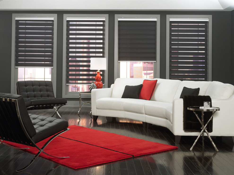 Foto di un soggiorno moderno di medie dimensioni e chiuso con sala formale, pareti nere, pavimento in legno verniciato e pavimento nero