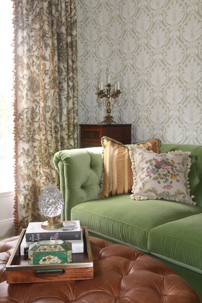 Small elegant enclosed carpeted living room library photo in New York with green walls, no fireplace and no tv