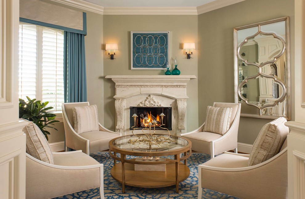 Classic living room in Dallas with green walls, a standard fireplace and no tv.