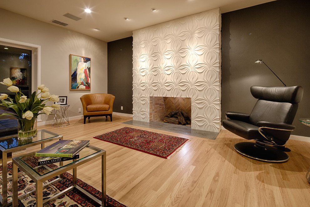 Contemporary living room feature wall in Sacramento with brown walls.