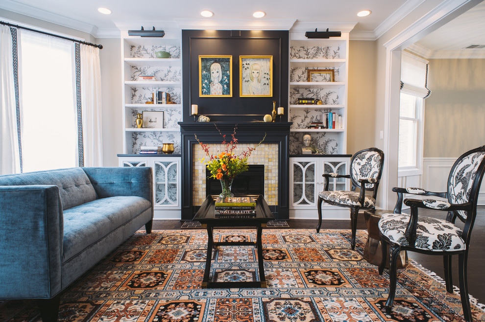 Living room - mid-sized eclectic living room idea in Chicago with a standard fireplace and a tile fireplace