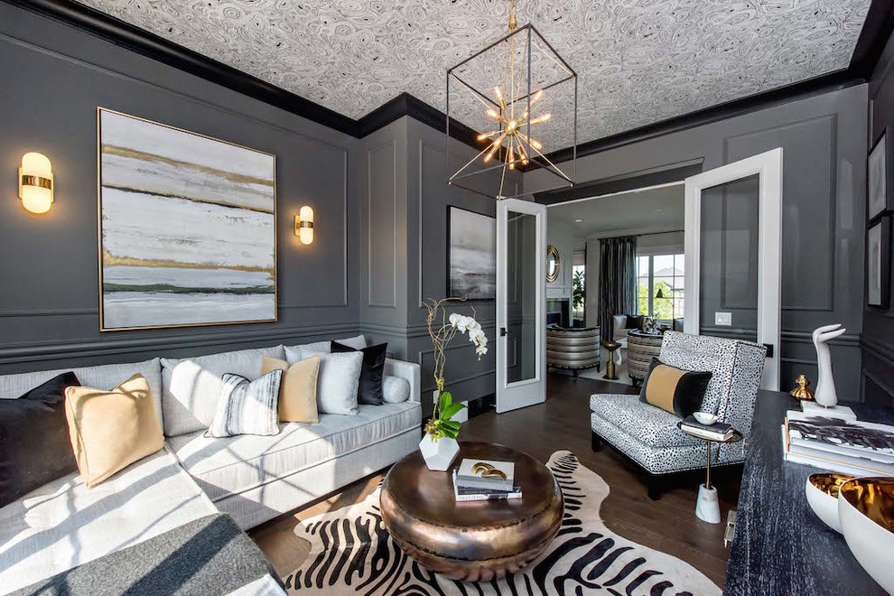 Inspiration for a traditional enclosed living room in Other with grey walls and dark hardwood flooring.