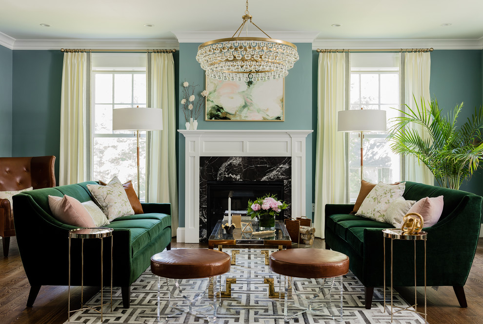 Inspiration for a classic formal living room curtain in Boston with blue walls, dark hardwood flooring, a standard fireplace, a stone fireplace surround and no tv.