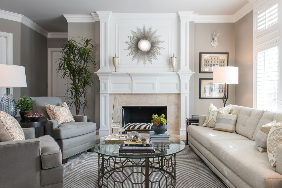 Mid-sized elegant formal and open concept living room photo in Dallas with gray walls, a standard fireplace, a stone fireplace and no tv