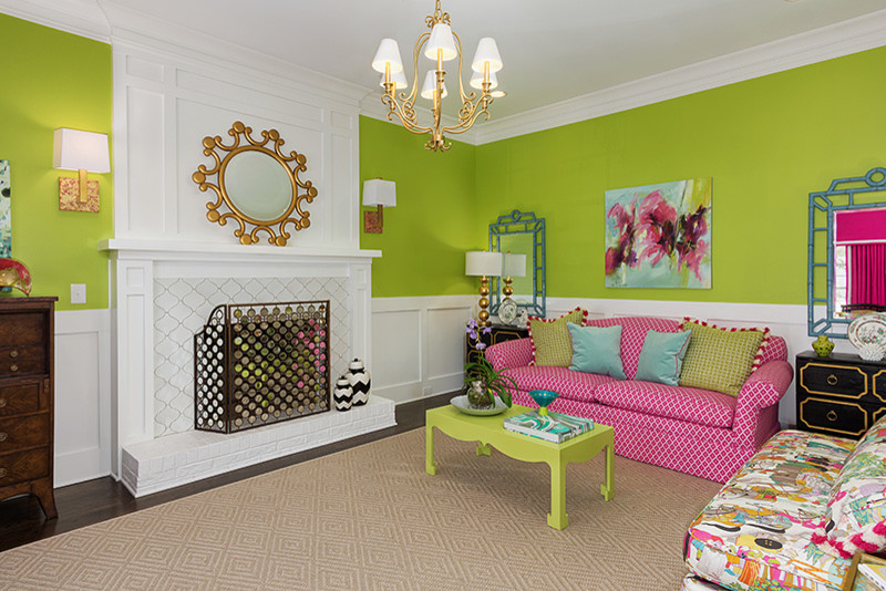 Example of a mid-sized transitional formal carpeted and beige floor living room design in Atlanta with green walls and a tile fireplace