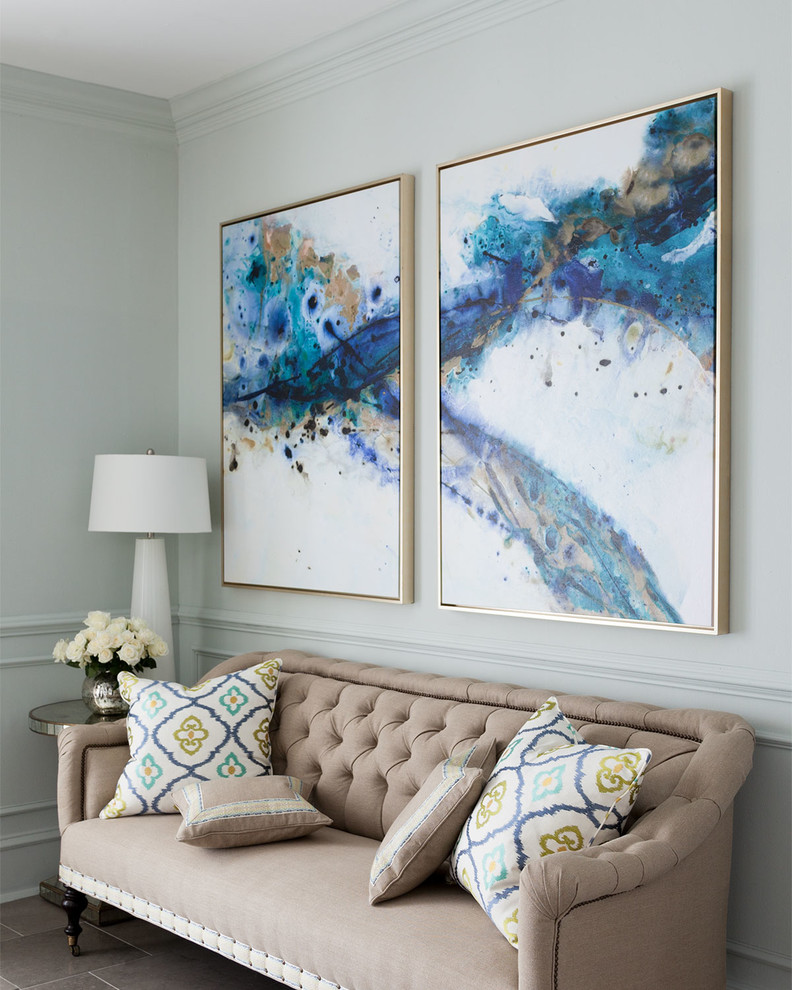 Design ideas for a traditional living room in Dallas with blue walls and a dado rail.
