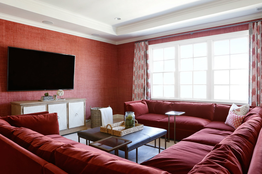 Пример оригинального дизайна: гостиная комната в стиле неоклассика (современная классика) с красными стенами, телевизором на стене и обоями за телевизором без камина