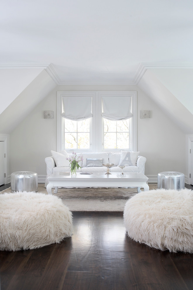 Transitional living room photo in Chicago with white walls