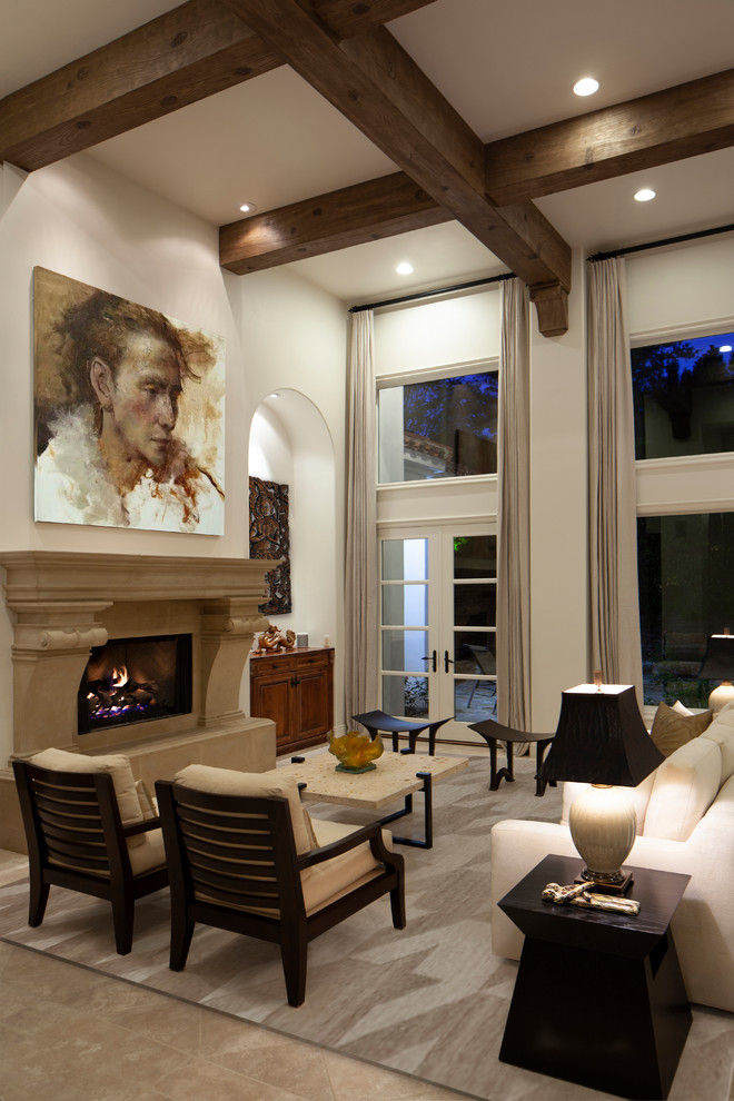 Inspiration for a large transitional formal and open concept beige floor living room remodel in Orange County with beige walls, a standard fireplace, a stone fireplace and no tv