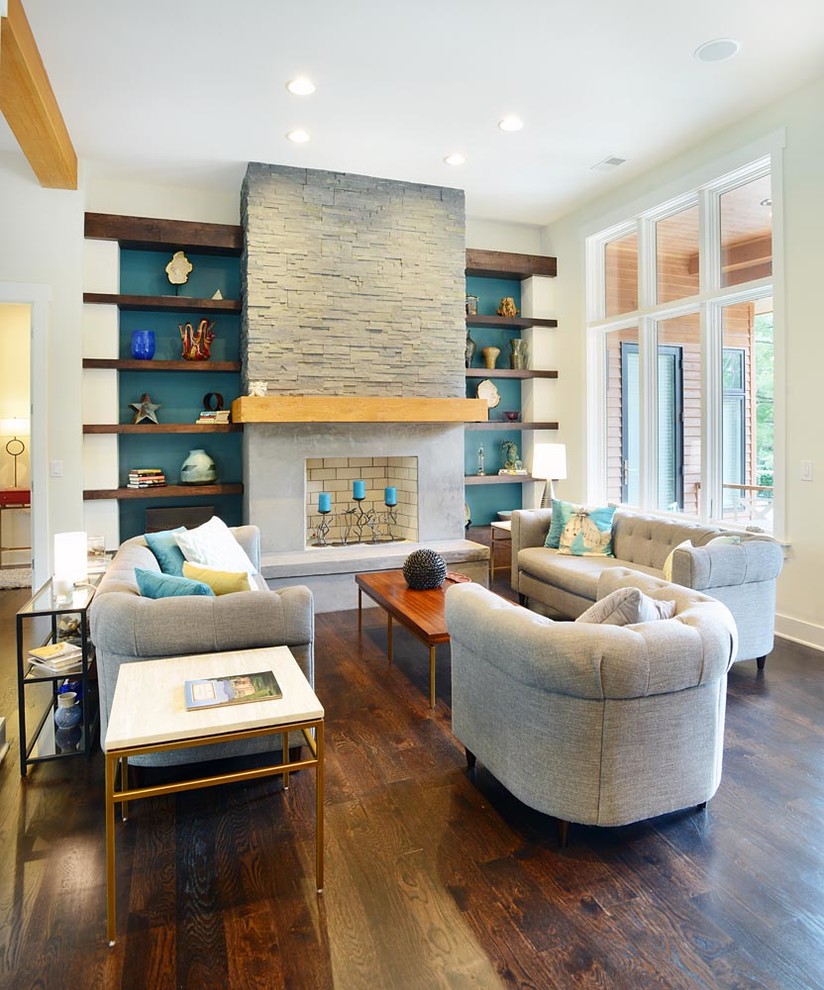 Inspiration for a medium sized classic formal and grey and teal open plan living room feature wall in Nashville with blue walls, dark hardwood flooring, a standard fireplace and no tv.