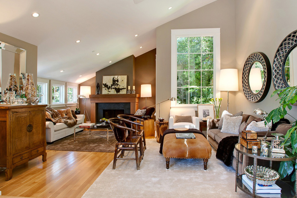 Transitional orange floor living room photo in San Francisco with beige walls